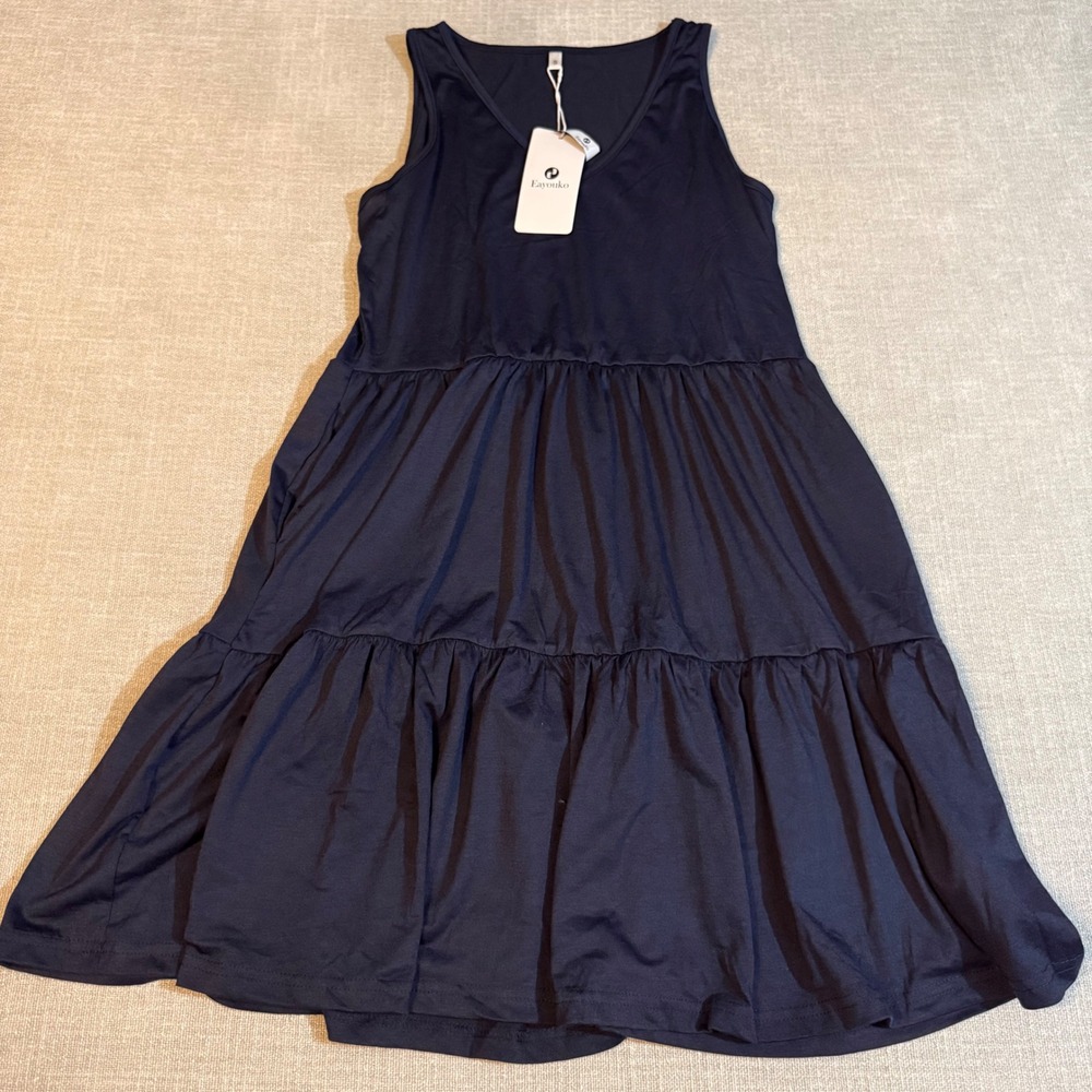 Eayouko Tiered Babydoll Mini Dress Small Navy Sleeveless V-Neck Boho Summer